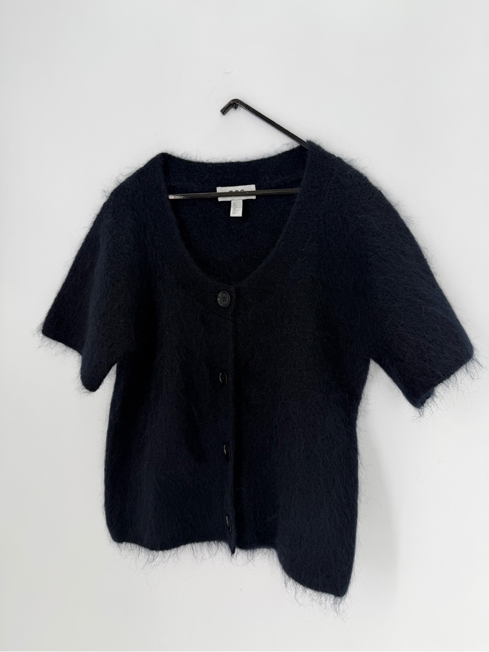 Cos Short Sleeve Mohair Blend Fuzzy Button Front Black Cardigan - Picture 3 of 6